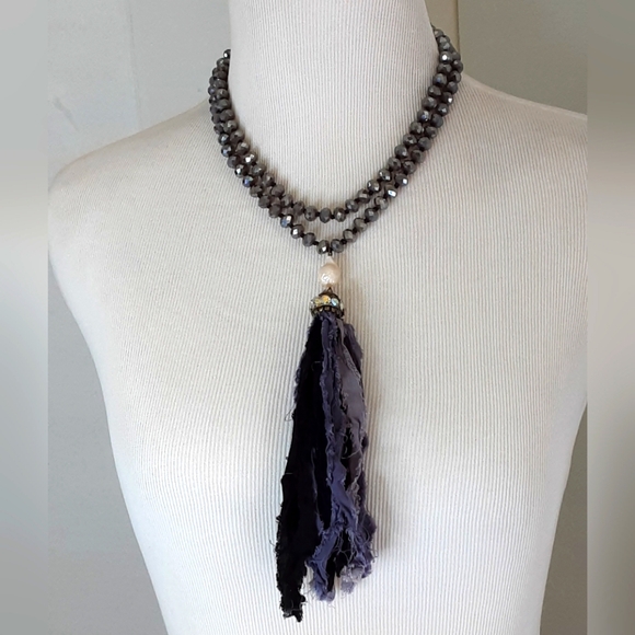 Faucet Crystal Rondelle Baroque Pearl AB Crystal Fabric Tassel Long Necklace 48" - Picture 1 of 11